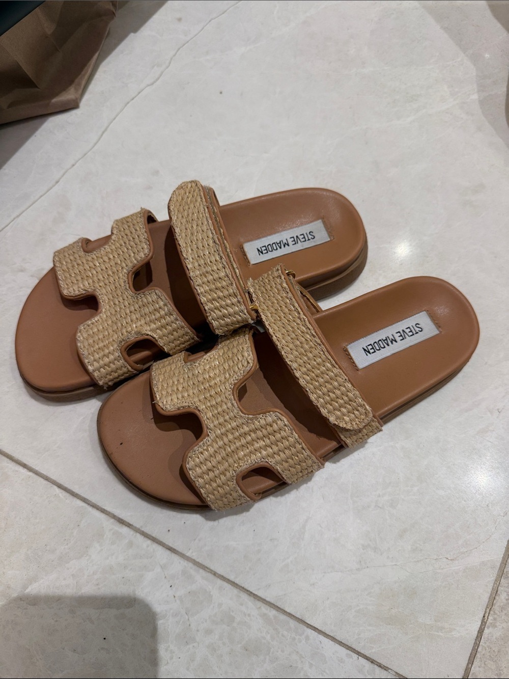 Steve Madden Natural Woven Double-Strap Slide Sandals